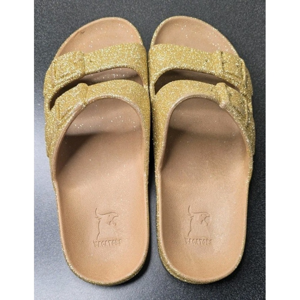 New Cacatoes Trancoso Sandals Women 40/9 Gold Glitter Double Strap Slides Buckle - Picture 3 of 5